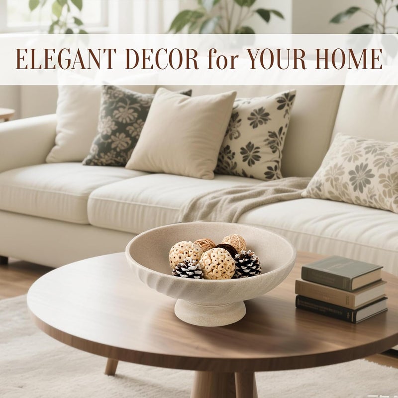 Deobath Large Resin Pedestal Decorative Bowl - Modern Fruit Bowl for Kitchen Counter - Handicraft Bowls for Home Decor - Key Bowl for Entry Table,Artificial Stone Beige - Image 2